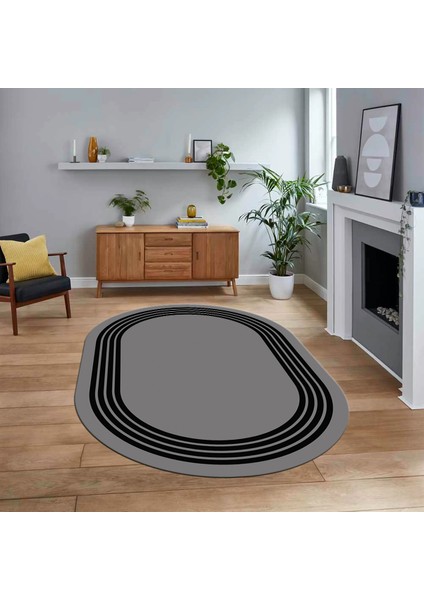 Dijital Kaymaz Taban Yıkanabilir Oval Çerçeveli Mutfak Salon Halısı, V-O-Çerçeveli-07-Gri,