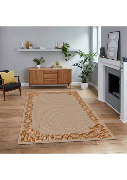 Dijital Baskılı Kaymaz Taban Yıkanabilir Çerçeveli Mutfak Salon Halısı, V-Çerçeveli-49-Bej,
