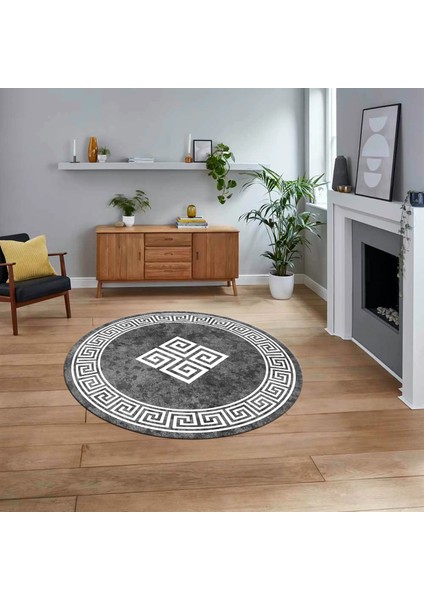 Dijital Kaymaz Taban Yıkanabilir Yuvarlak Çerçeveli Mutfak Salon Halısı, V-Y-Çerçeveli-01-Gri,