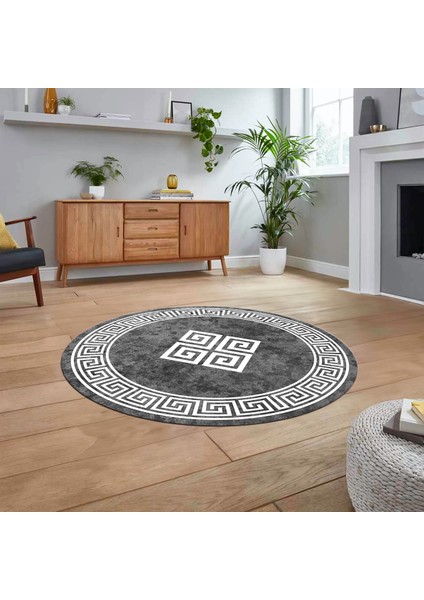 Dijital Kaymaz Taban Yıkanabilir Yuvarlak Çerçeveli Mutfak Salon Halısı, V-Y-Çerçeveli-01-Gri,