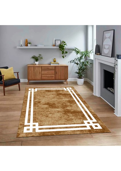 Dijital Baskılı Kaymaz Taban Yıkanabilir Çerçeveli Mutfak Salon Halısı, V-Çerçeveli-33-Kahve,