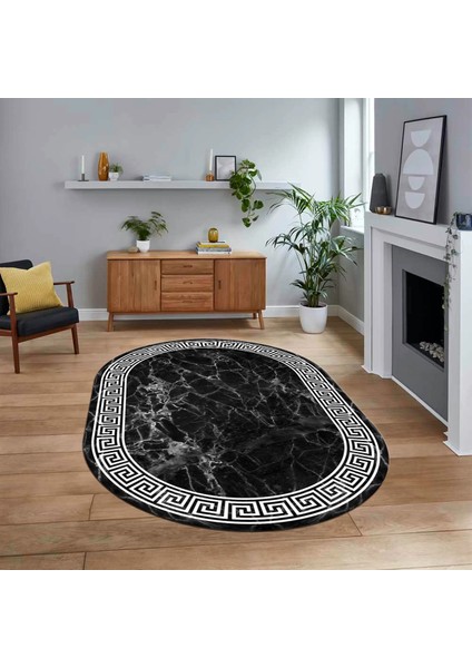 Dijital Kaymaz Taban Yıkanabilir Oval Çerçeveli Mutfak Salon Halısı, V-O-Çerçeveli-17-Antrasit,