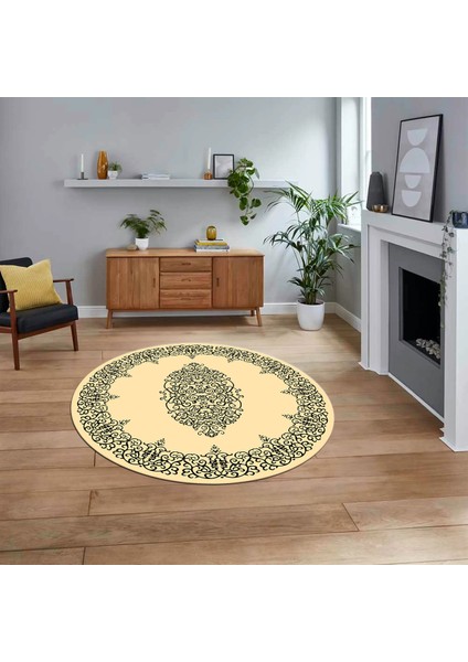 Dijital Kaymaz Taban Yıkanabilir Yuvarlak Çerçeveli Mutfak Salon Halısı, V-Y-Çerçeveli-22-Krem,