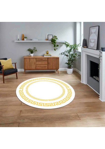 Dijital Kaymaz Taban Yıkanabilir Yuvarlak Çerçeveli Mutfak Salon Halısı, V-Y-Çerçeveli-47-Beyaz,