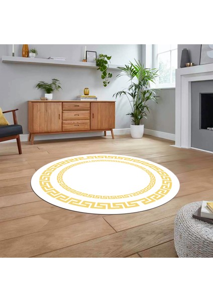 Dijital Kaymaz Taban Yıkanabilir Yuvarlak Çerçeveli Mutfak Salon Halısı, V-Y-Çerçeveli-47-Beyaz,