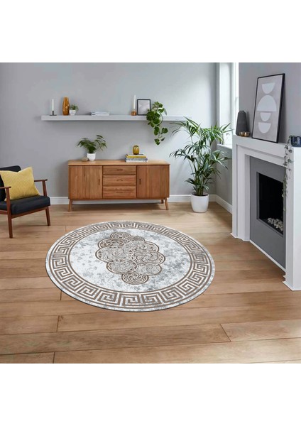 Dijital Kaymaz Taban Yıkanabilir Yuvarlak Çerçeveli Mutfak Salon Halısı, V-Y-Çerçeveli-04-Kahve,