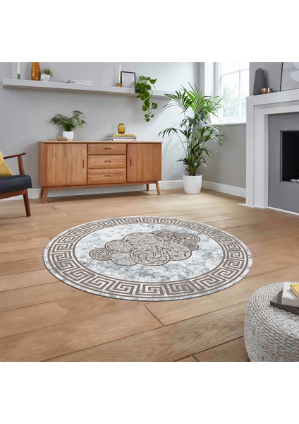 Dijital Kaymaz Taban Yıkanabilir Yuvarlak Çerçeveli Mutfak Salon Halısı, V-Y-Çerçeveli-04-Kahve,