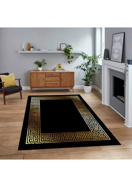 Dijital Baskılı Kaymaz Taban Yıkanabilir Çerçeveli Mutfak Salon Halısı, V-Çerçeveli-36-Siyah,