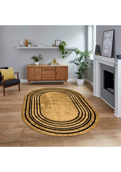 Dijital Kaymaz Taban Yıkanabilir Oval Çerçeveli Mutfak Salon Halısı, V-O-Çerçeveli-08-Bej,