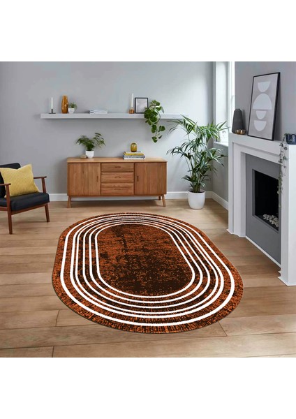 Dijital Kaymaz Taban Yıkanabilir Oval Çerçeveli Mutfak Salon Halısı, V-O-Çerçeveli-08-Kahve,