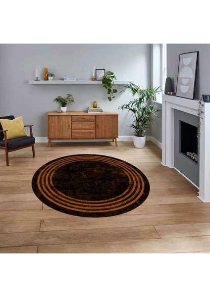 Dijital Kaymaz Taban Yıkanabilir Yuvarlak Çerçeveli Mutfak Salon Halısı, V-Y-Çerçeveli-06-Kahve,