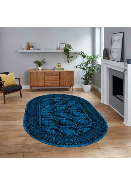 Dijital Kaymaz Taban Yıkanabilir Oval Çerçeveli Mutfak Salon Halısı, V-O-Çerçeveli-20-Mavi,