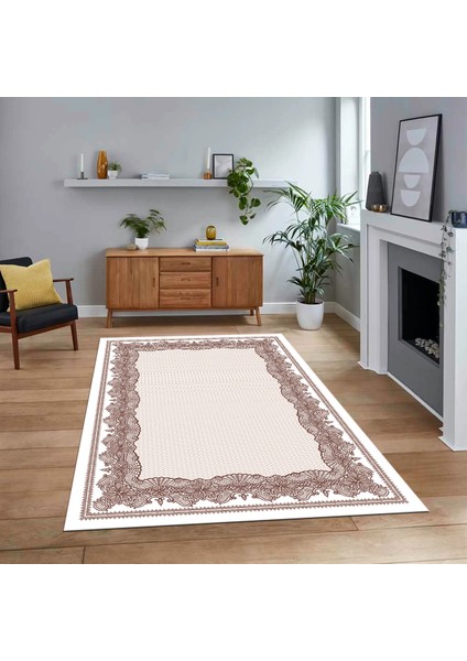 Dijital Baskılı Kaymaz Taban Yıkanabilir Çerçeveli Mutfak Salon Halısı, V-Çerçeveli-34-Kahve,