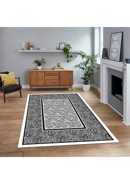Dijital Baskılı Kaymaz Taban Yıkanabilir Çerçeveli Mutfak Salon Halısı, V-Çerçeveli-37-Beyaz,