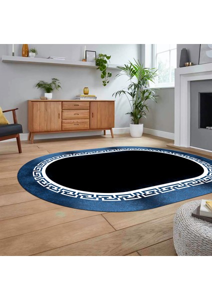 Dijital Kaymaz Taban Yıkanabilir Oval Çerçeveli Mutfak Salon Halısı, V-O-Çerçeveli-11-Mavi,
