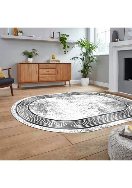 Dijital Kaymaz Taban Yıkanabilir Oval Çerçeveli Mutfak Salon Halısı, V-O-Çerçeveli-13-Gri,