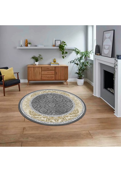 Dijital Kaymaz Taban Yıkanabilir Yuvarlak Çerçeveli Mutfak Salon Halısı, V-Y-Çerçeveli-21-Gold,