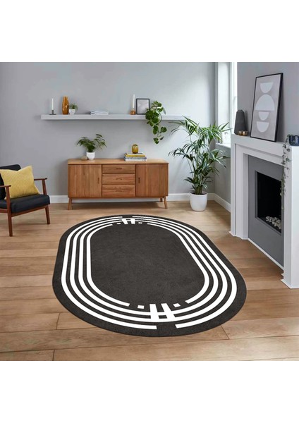 Dijital Kaymaz Taban Yıkanabilir Oval Çerçeveli Mutfak Salon Halısı, V-O-Çerçeveli-44-Antrasit,