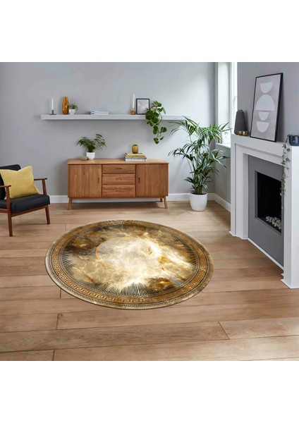 Dijital Kaymaz Taban Yıkanabilir Yuvarlak Çerçeveli Mutfak Salon Halısı, V-Y-Çerçeveli-25-Kahve,
