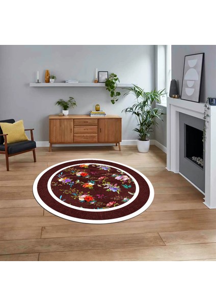 Dijital Kaymaz Taban Yıkanabilir Yuvarlak Çerçeveli Mutfak Salon Halısı, V-Y-Çerçeveli-27-Bordo,