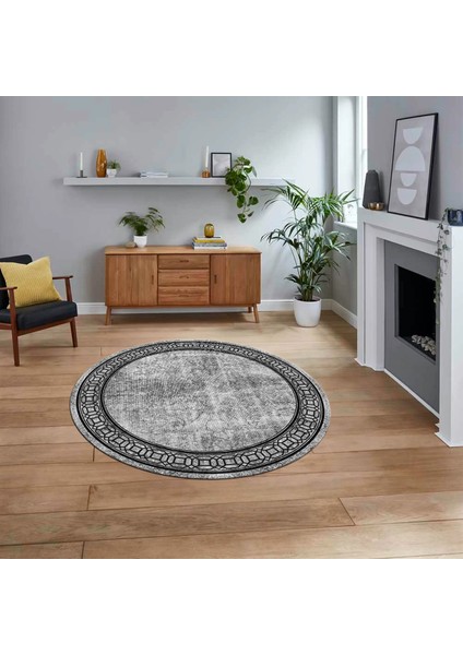 Dijital Kaymaz Taban Yıkanabilir Yuvarlak Çerçeveli Mutfak Salon Halısı, V-Y-Çerçeveli-31-Gri,