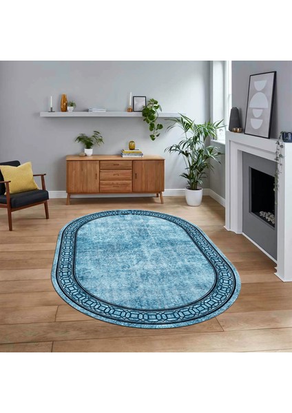Dijital Kaymaz Taban Yıkanabilir Oval Çerçeveli Mutfak Salon Halısı, V-O-Çerçeveli-31-Mavi,