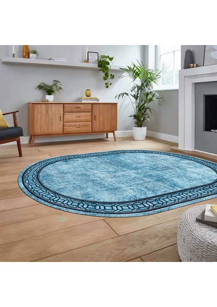Dijital Kaymaz Taban Yıkanabilir Oval Çerçeveli Mutfak Salon Halısı, V-O-Çerçeveli-31-Mavi,