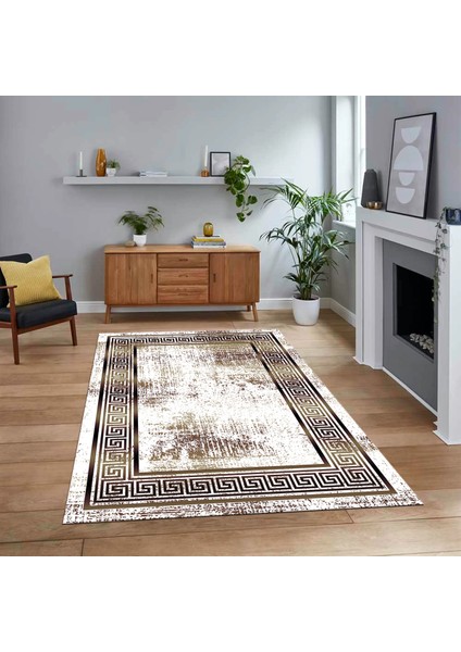 Dijital Baskılı Kaymaz Taban Yıkanabilir Çerçeveli Mutfak Salon Halısı, V-Çerçeveli-13-Kahve,