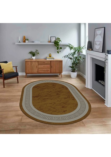 Dijital Kaymaz Taban Yıkanabilir Oval Çerçeveli Mutfak Salon Halısı, V-O-Çerçeveli-28-Kahve,