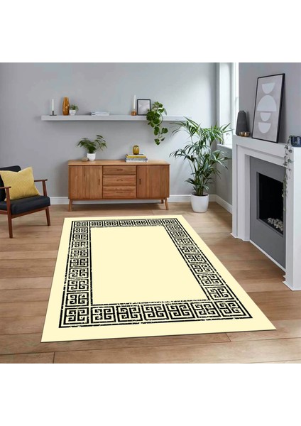 Dijital Baskılı Kaymaz Taban Yıkanabilir Çerçeveli Mutfak Salon Halısı, V-Çerçeveli-36-Krem,