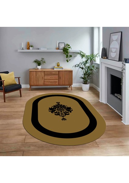 Dijital Kaymaz Taban Yıkanabilir Oval Çerçeveli Mutfak Salon Halısı, V-O-Çerçeveli-46-Kahve,