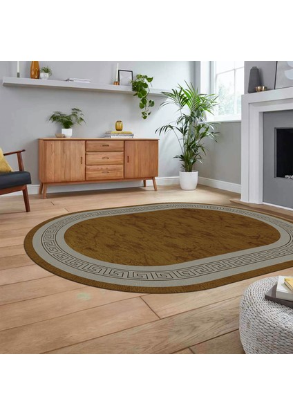 Dijital Kaymaz Taban Yıkanabilir Oval Çerçeveli Mutfak Salon Halısı, V-O-Çerçeveli-28-Kahve,