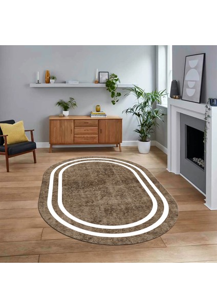 Dijital Kaymaz Taban Yıkanabilir Oval Çerçeveli Mutfak Salon Halısı, V-O-Çerçeveli-30-Kahve,