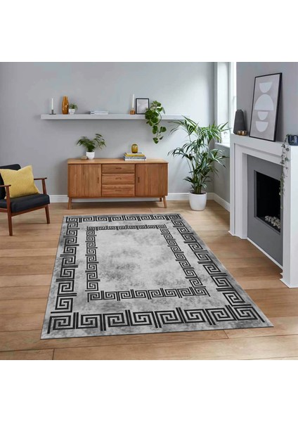 Dijital Baskılı Kaymaz Taban Yıkanabilir Çerçeveli Mutfak Salon Halısı, V-Çerçeveli-05-Gri,