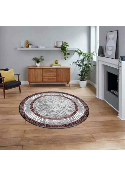 Dijital Kaymaz Taban Yıkanabilir Yuvarlak Çerçeveli Mutfak Salon Halısı, V-Y-Çerçeveli-10-Bordo,