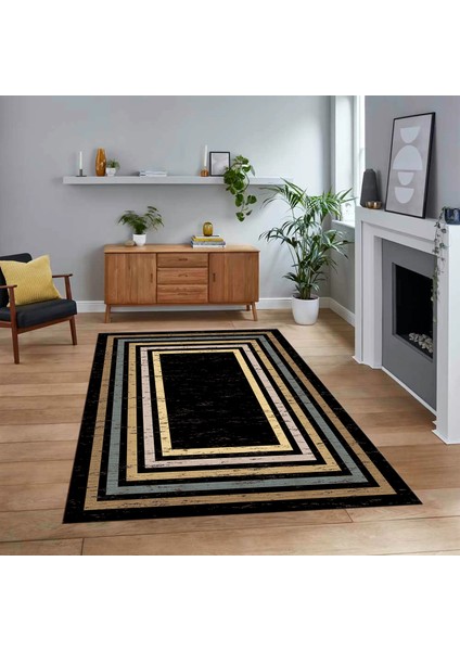 Dijital Baskılı Kaymaz Taban Yıkanabilir Çerçeveli Mutfak Salon Halısı, V-Çerçeveli-41-Siyah,