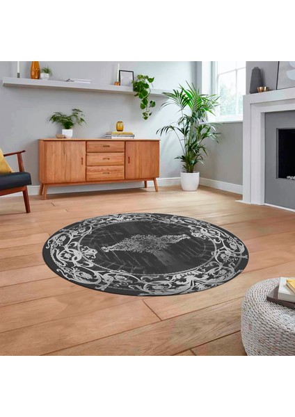 Dijital Kaymaz Taban Yıkanabilir Yuvarlak Çerçeveli Mutfak Salon Halısı, V-Y-Çerçeveli-19-Antrasit, fiyatları