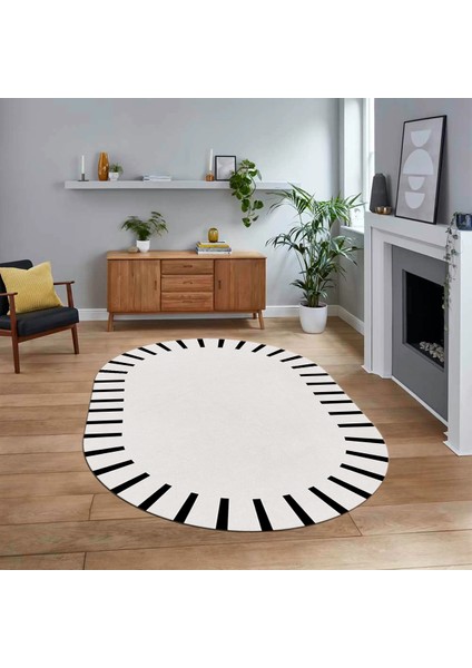Dijital Kaymaz Taban Yıkanabilir Oval Çerçeveli Mutfak Salon Halısı, V-O-Çerçeveli-40-Beyaz,