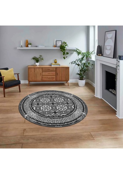 Dijital Kaymaz Taban Yıkanabilir Yuvarlak Çerçeveli Mutfak Salon Halısı, V-Y-Çerçeveli-26-Gri,