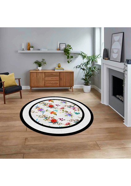 Dijital Kaymaz Taban Yıkanabilir Yuvarlak Çerçeveli Mutfak Salon Halısı, V-Y-Çerçeveli-27-Beyaz,
