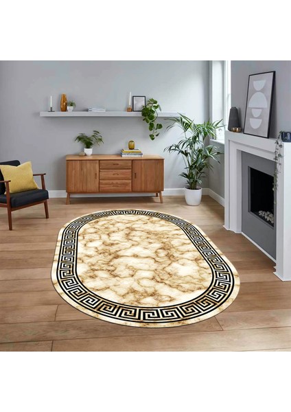 Dijital Kaymaz Taban Yıkanabilir Oval Çerçeveli Mutfak Salon Halısı, V-O-Çerçeveli-17-Bej,