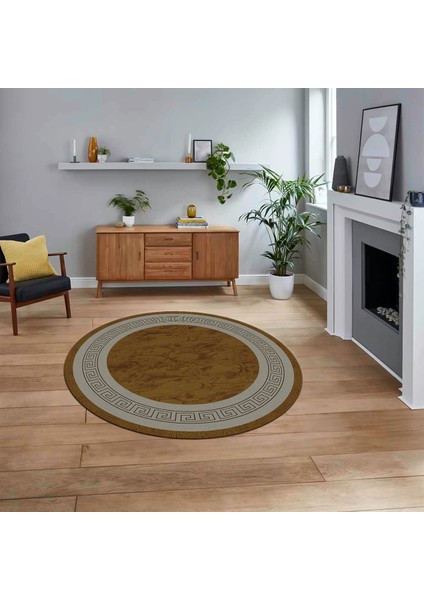 Dijital Kaymaz Taban Yıkanabilir Yuvarlak Çerçeveli Mutfak Salon Halısı, V-Y-Çerçeveli-28-Kahve,