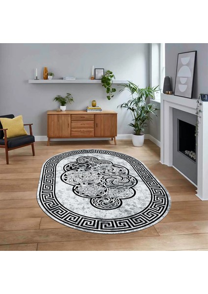 Dijital Kaymaz Taban Yıkanabilir Oval Çerçeveli Mutfak Salon Halısı, V-O-Çerçeveli-04-Siyah,