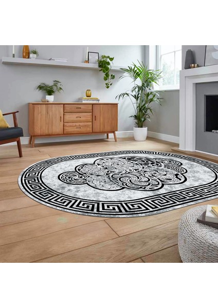 Dijital Kaymaz Taban Yıkanabilir Oval Çerçeveli Mutfak Salon Halısı, V-O-Çerçeveli-04-Siyah,