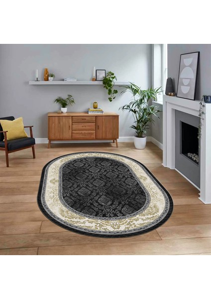 Dijital Kaymaz Taban Yıkanabilir Oval Çerçeveli Mutfak Salon Halısı, V-O-Çerçeveli-21-Antrasit,