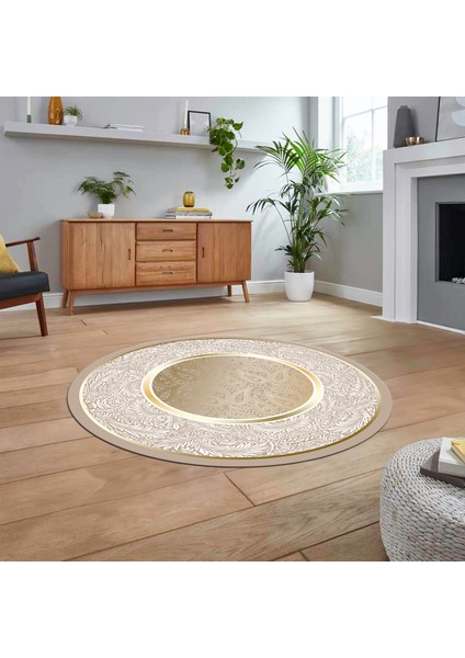 Dijital Kaymaz Taban Yıkanabilir Yuvarlak Çerçeveli Mutfak Salon Halısı, V-Y-Çerçeveli-37-Gold,