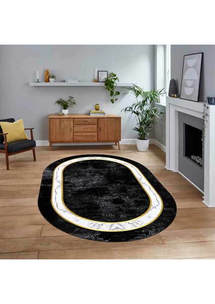 Dijital Kaymaz Taban Yıkanabilir Oval Çerçeveli Mutfak Salon Halısı, V-O-Çerçeveli-18-Antrasit,