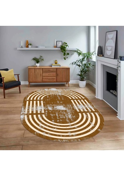 Dijital Kaymaz Taban Yıkanabilir Oval Çerçeveli Mutfak Salon Halısı, V-O-Çerçeveli-15-Kahve,
