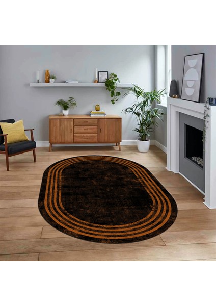 Dijital Kaymaz Taban Yıkanabilir Oval Çerçeveli Mutfak Salon Halısı, V-O-Çerçeveli-06-Kahve,