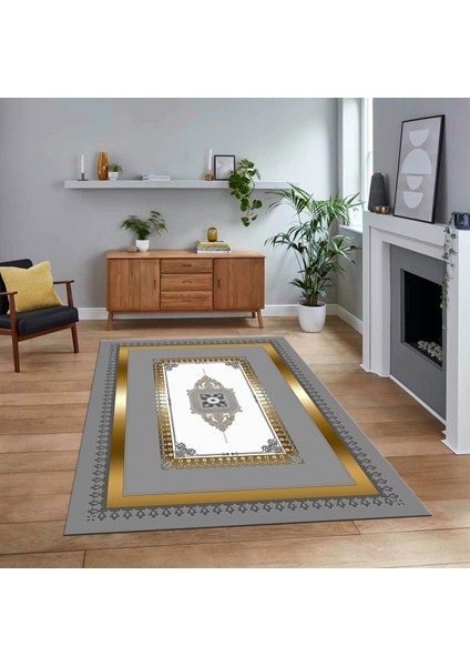 Dijital Baskılı Kaymaz Taban Yıkanabilir Çerçeveli Mutfak Salon Halısı, V-Çerçeveli-23-Gold,